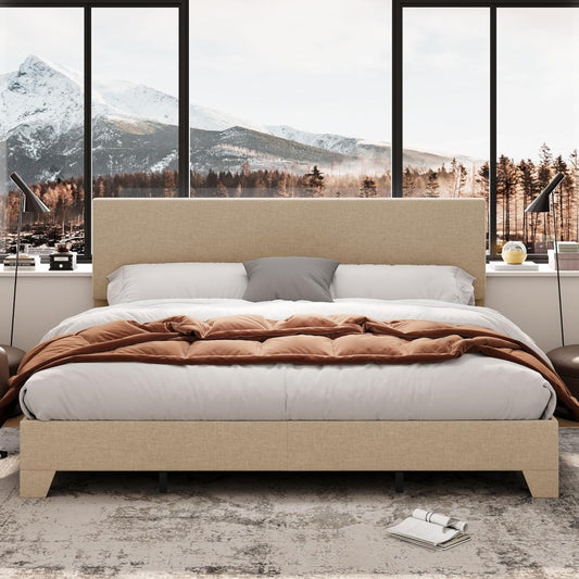 Decorstly Upholstered Wood Slats Beige Mid Century Bed Frame for Bedroom