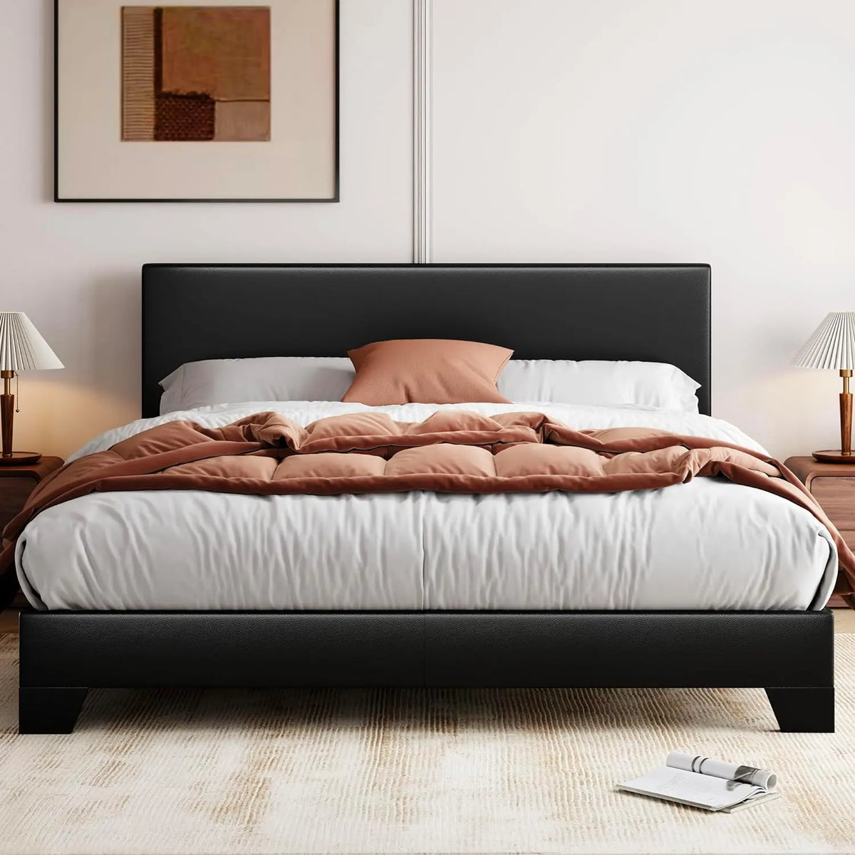 Wood Slats Beige Mid Century Bed Frame - Decorstly