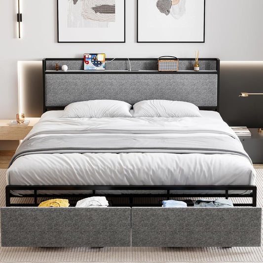 Decorstly Upholstered Storage Drawers Headboard Platform Bed Frame for Bedroom