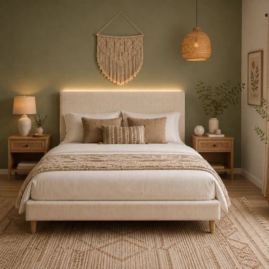 A styled bedroom scene featuring a bed with a cream upholstered frame and headboard, dressed in neutral beige and brown bedding, flanked by matching wooden nightstands with lamps and decor against a sage green wall.