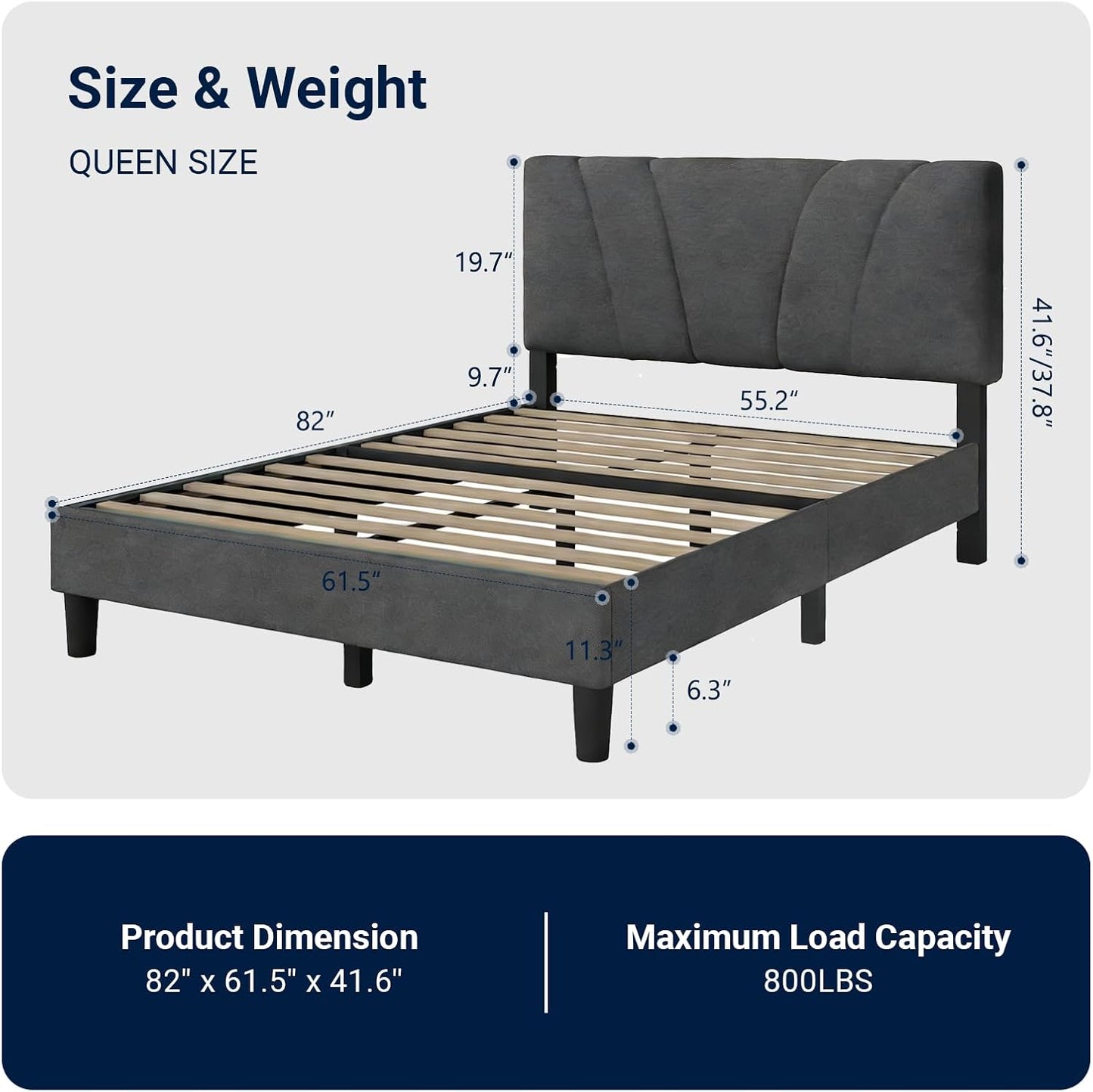 Gray queen size bed with dimensions and load capacity details on a white background