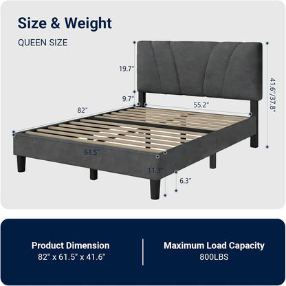 Gray queen size bed with dimensions and load capacity details on a white background