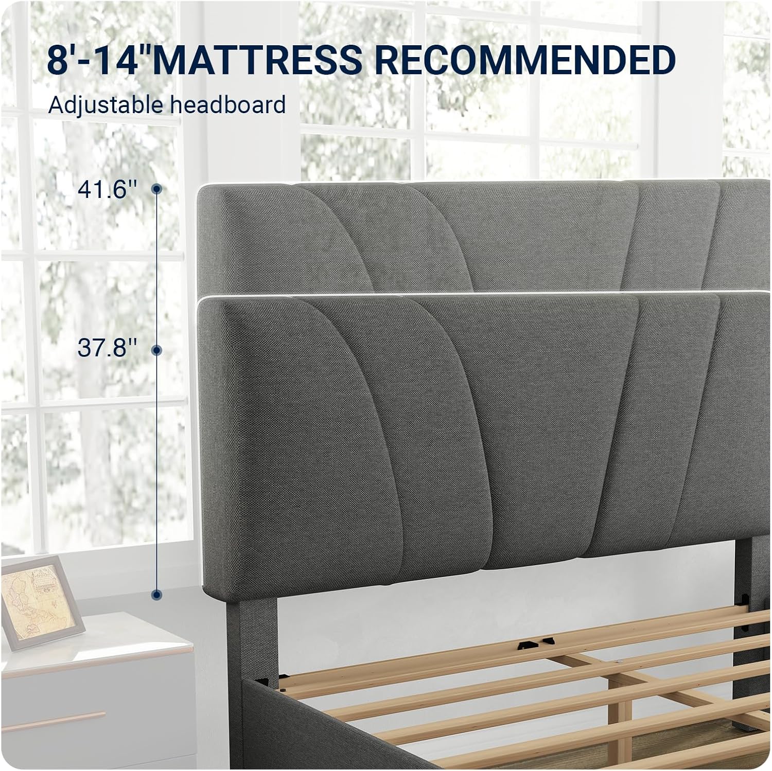 Gray upholstered headboard with measurements and mattress recommendation text.