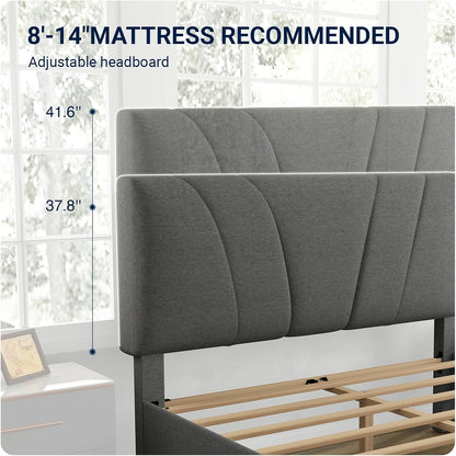Gray upholstered headboard with measurements and mattress recommendation text.