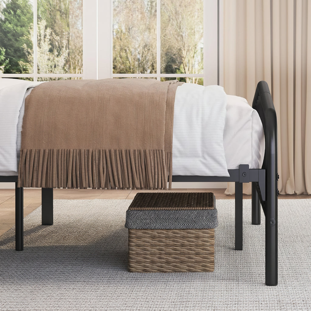 A woven under-bed storage basket shown beneath a bed in a bedroom setting, with overlaid text reading 'Spacious Under-bed Storage' and dimension callouts showing 14.5 inches by 12.