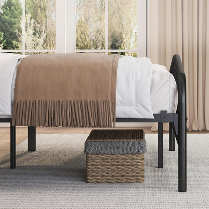 A woven under-bed storage basket shown beneath a bed in a bedroom setting, with overlaid text reading 'Spacious Under-bed Storage' and dimension callouts showing 14.5 inches by 12.