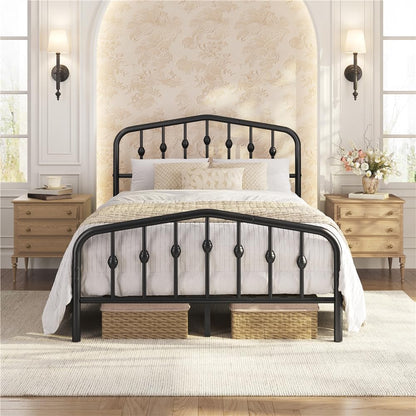 A black metal bed frame with an arched headboard and footboard, styled in a bright, symmetrical bedroom with light wood nightstands, beige wallpaper, and white bedding.