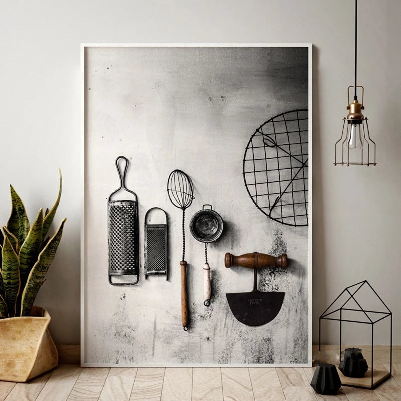 Vintage Dark Kitchen Utensils Wall Art
