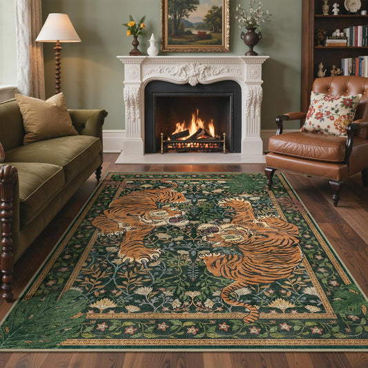Living room with a decorative rug featuring tigers, a fireplace, and furniture.