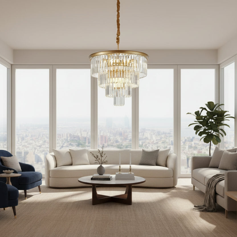 Gold chandelier in a room with a sofa and plant