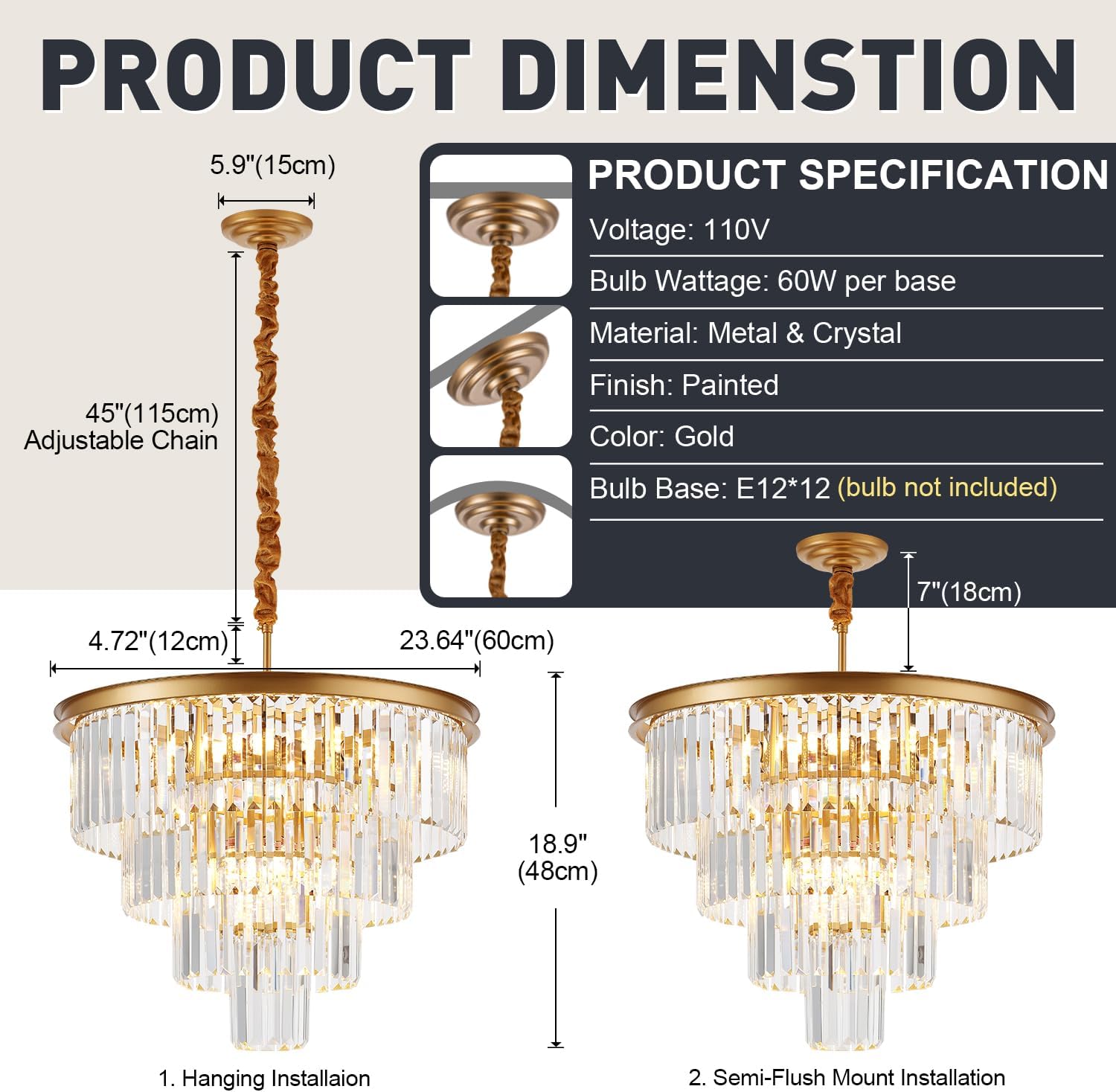 Chandelier with product dimensions and specifications on a white background