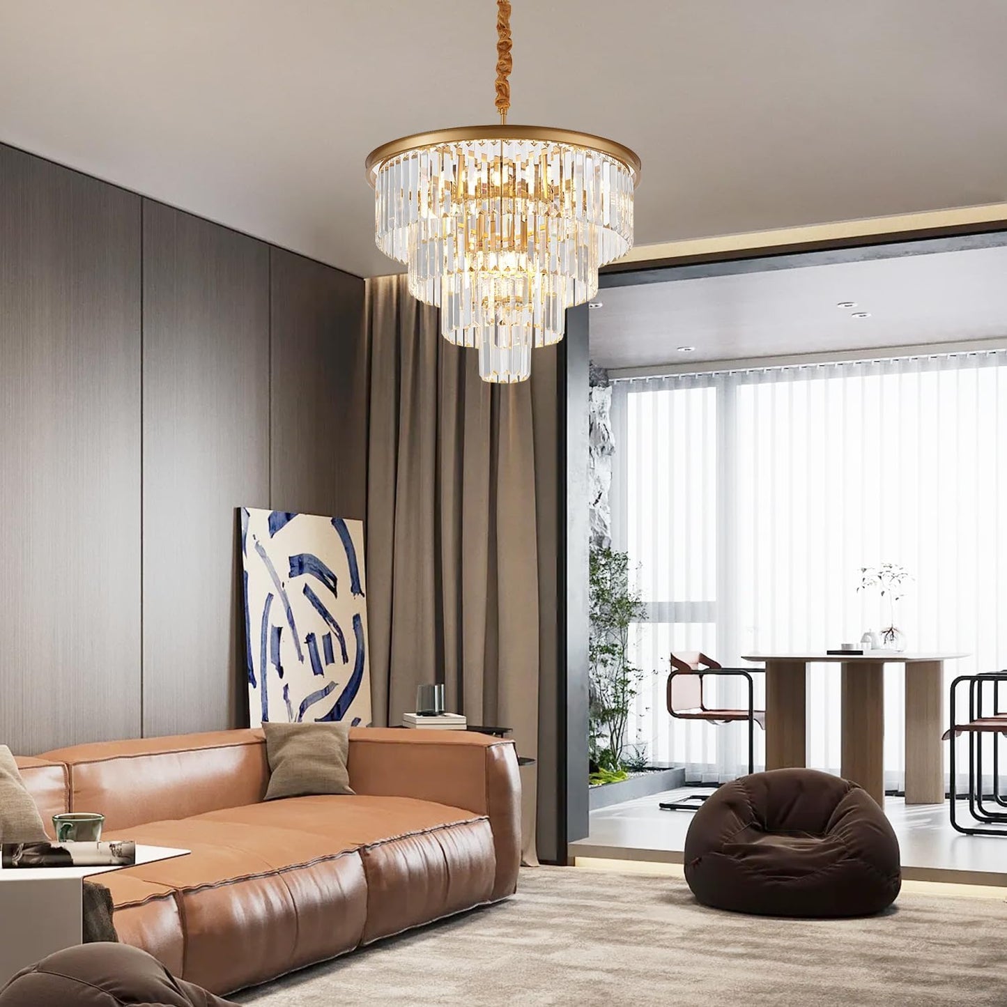 Modern living room with a chandelier, brown sofa, and bean bag chair.