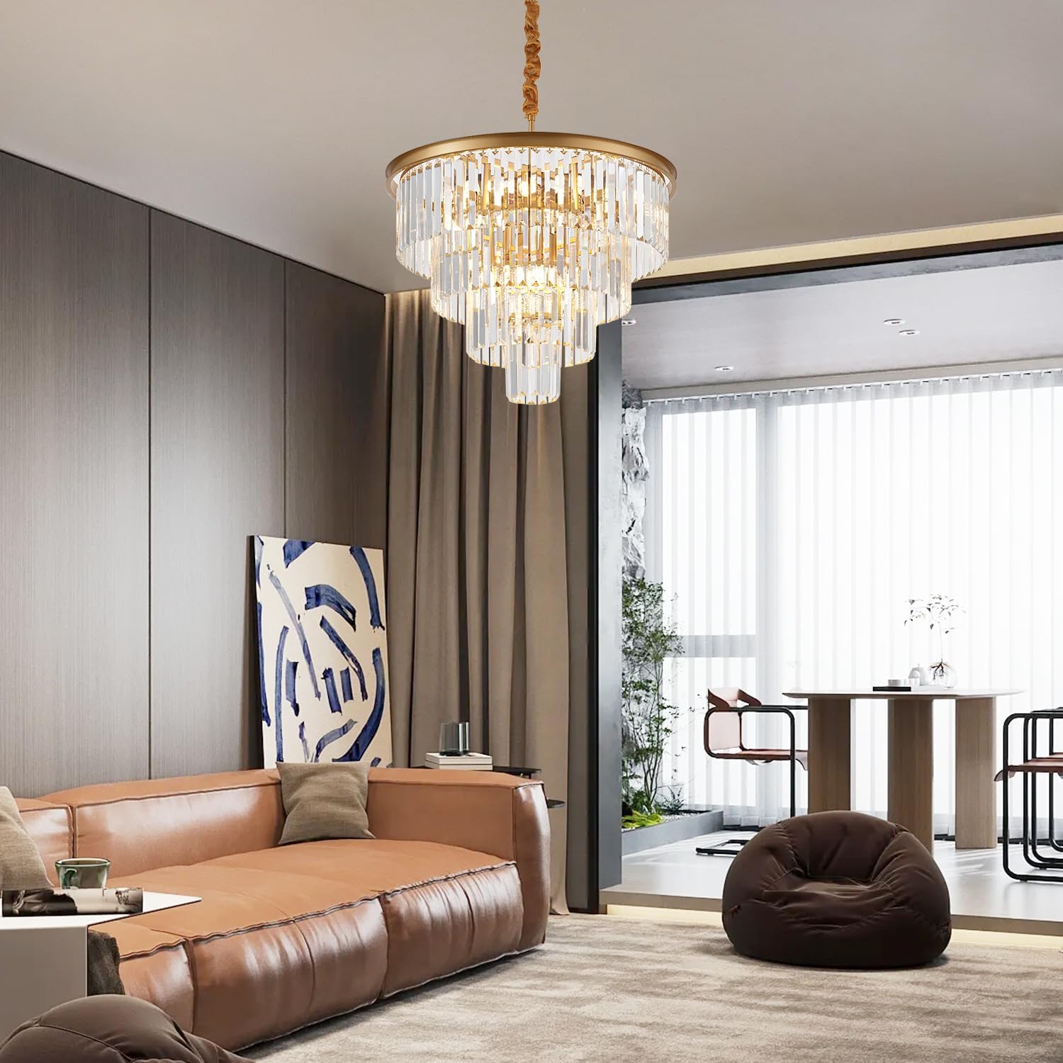 Modern living room with a chandelier, brown sofa, and bean bag chair.