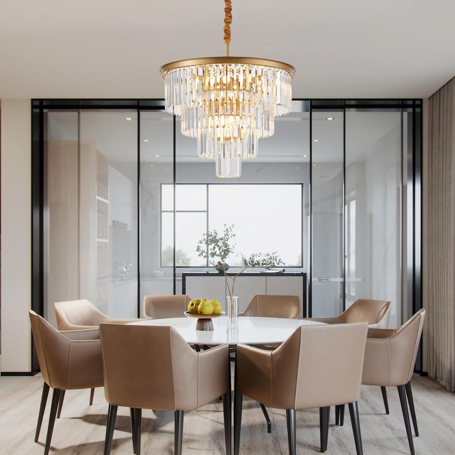 Modern dining room with a chandelier, table, and chairs.
