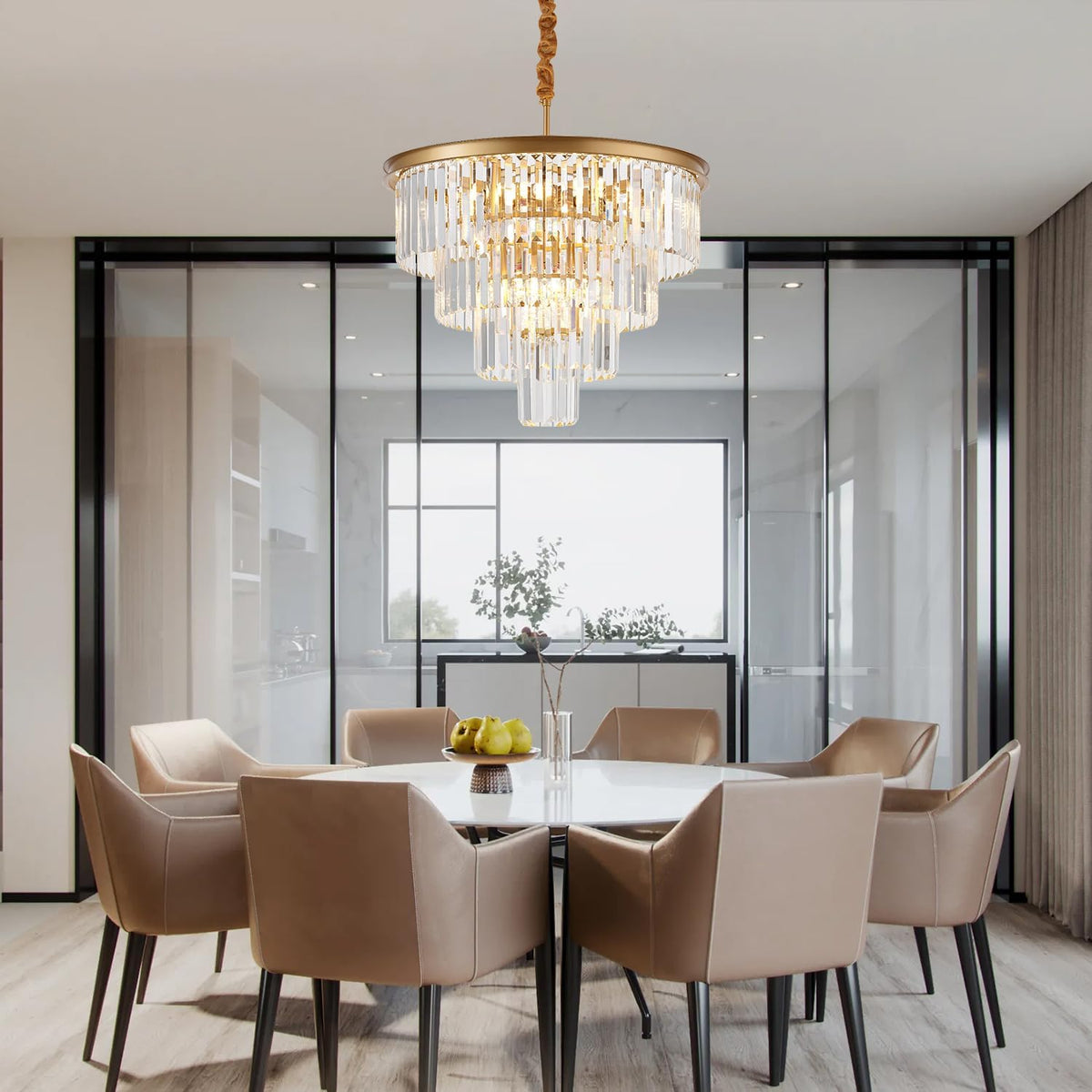 Modern dining room with a chandelier, table, and chairs.