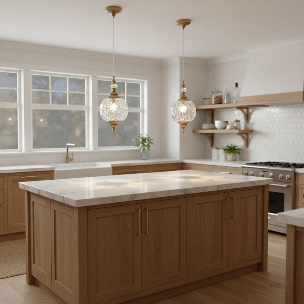 Two gold pendant lights with clear glass shades on above kitchen island