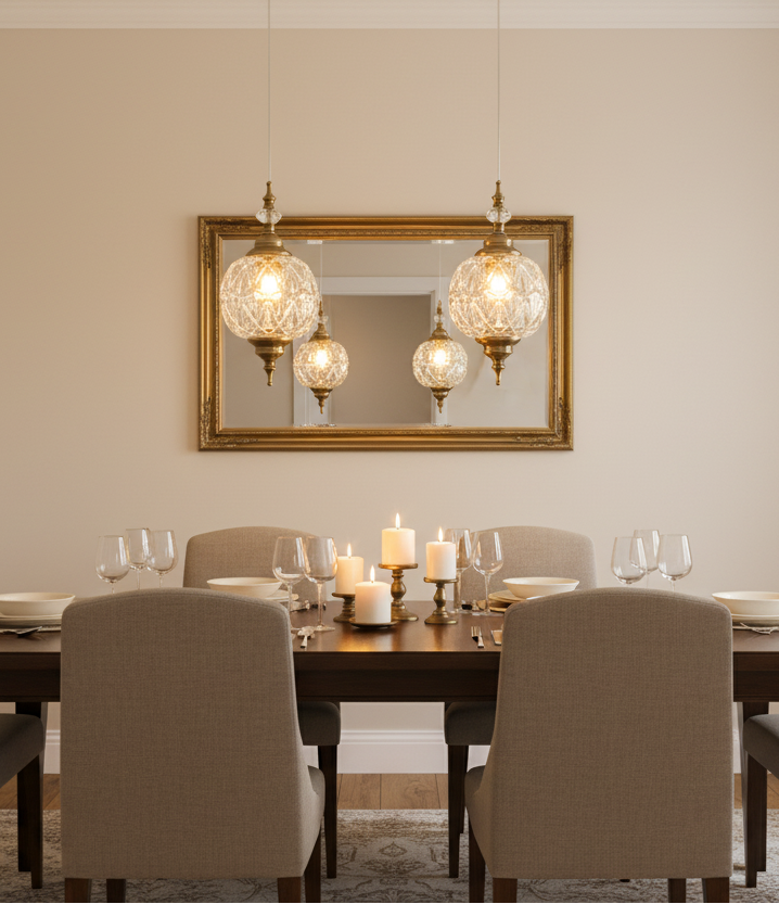 Dining room with a table set for four, candles, and a mirror with decorative lights.