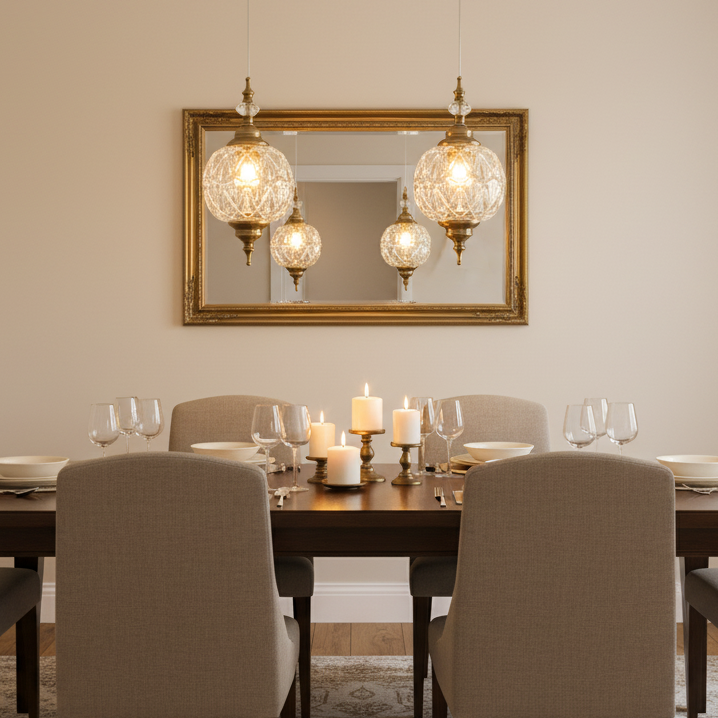 Dining room with a table set for four, candles, and a mirror with decorative lights.