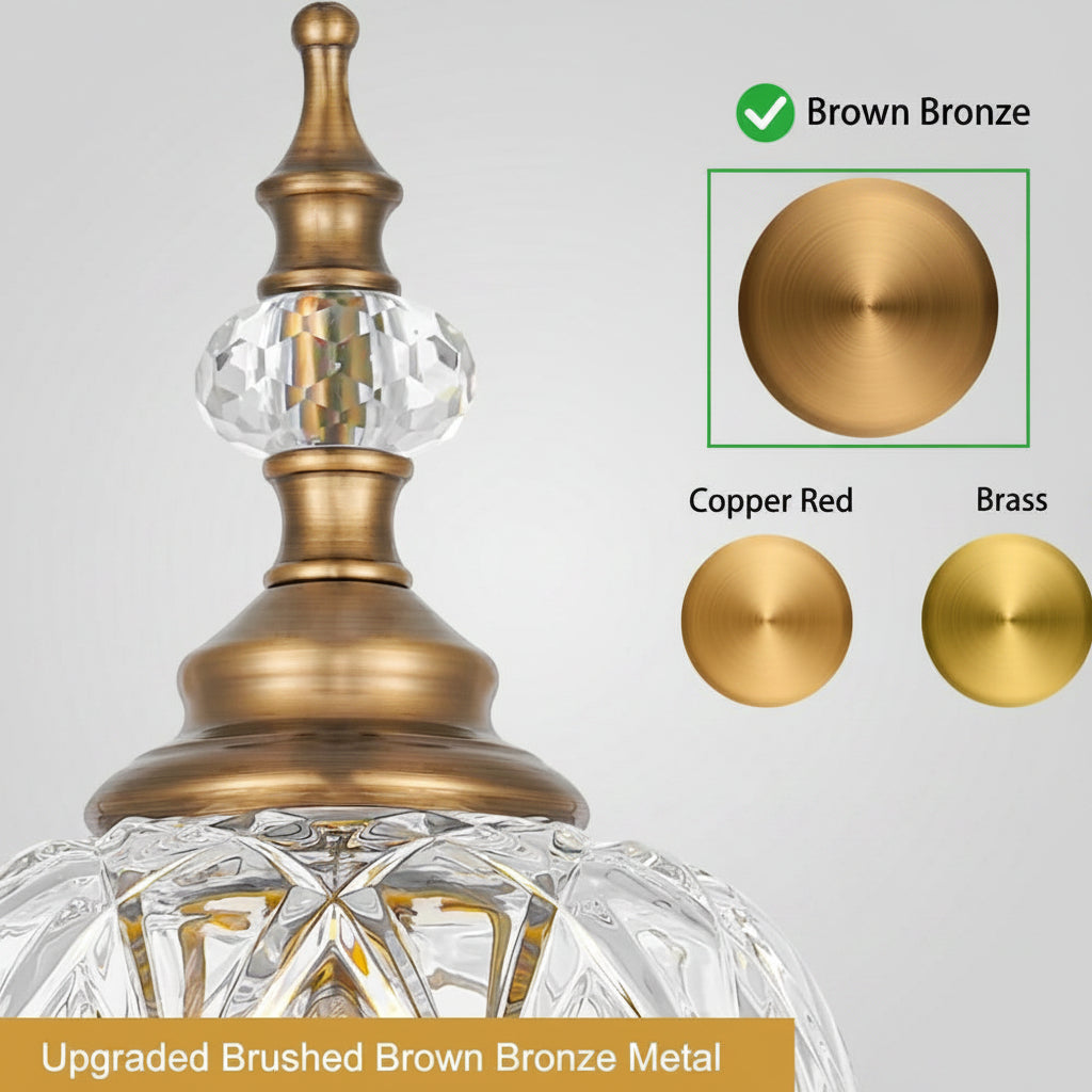Decorative lamp with brown bronze metal finish and color swatches on a white background