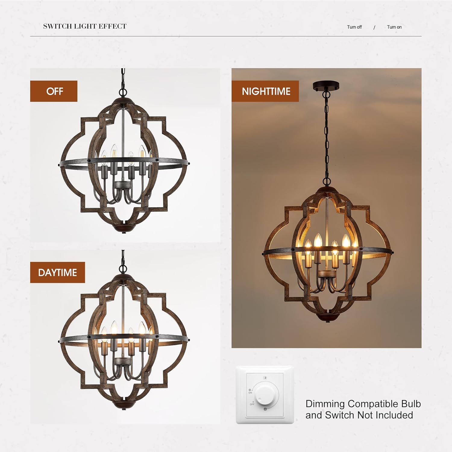Light fixture switch effect showing 'Off', 'Daytime', and 'Nighttime' states.