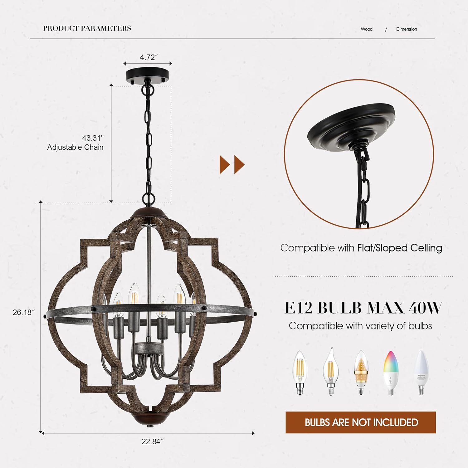 Chandelier with dimensions and compatibility details on a white background