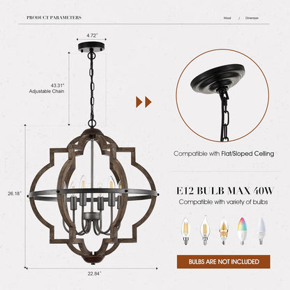 Chandelier with dimensions and compatibility details on a white background