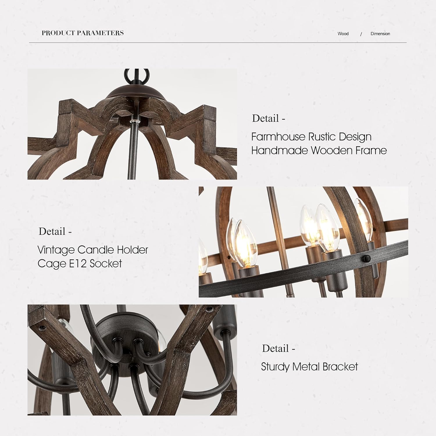 Farmhouse rustic chandelier with wooden frame and metal bracket on a white background