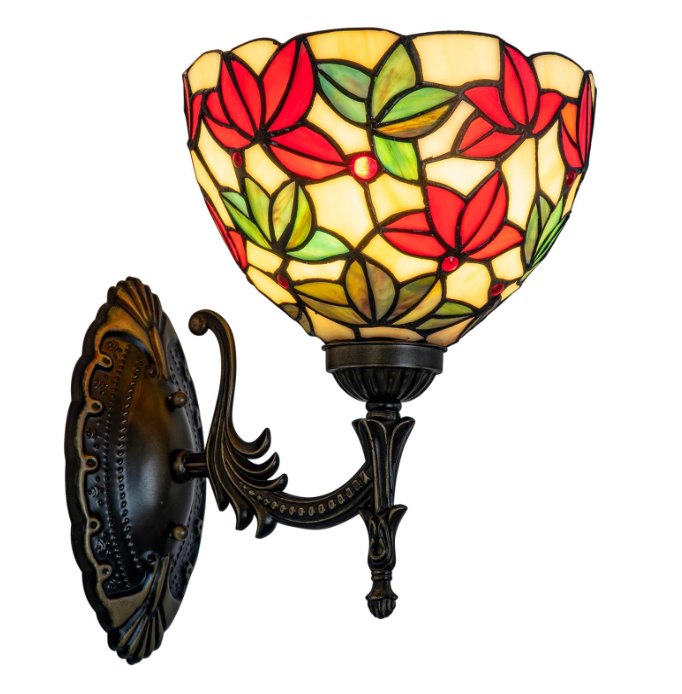 Decorative wall sconce with stained glass shade featuring red and green leaves on a white background