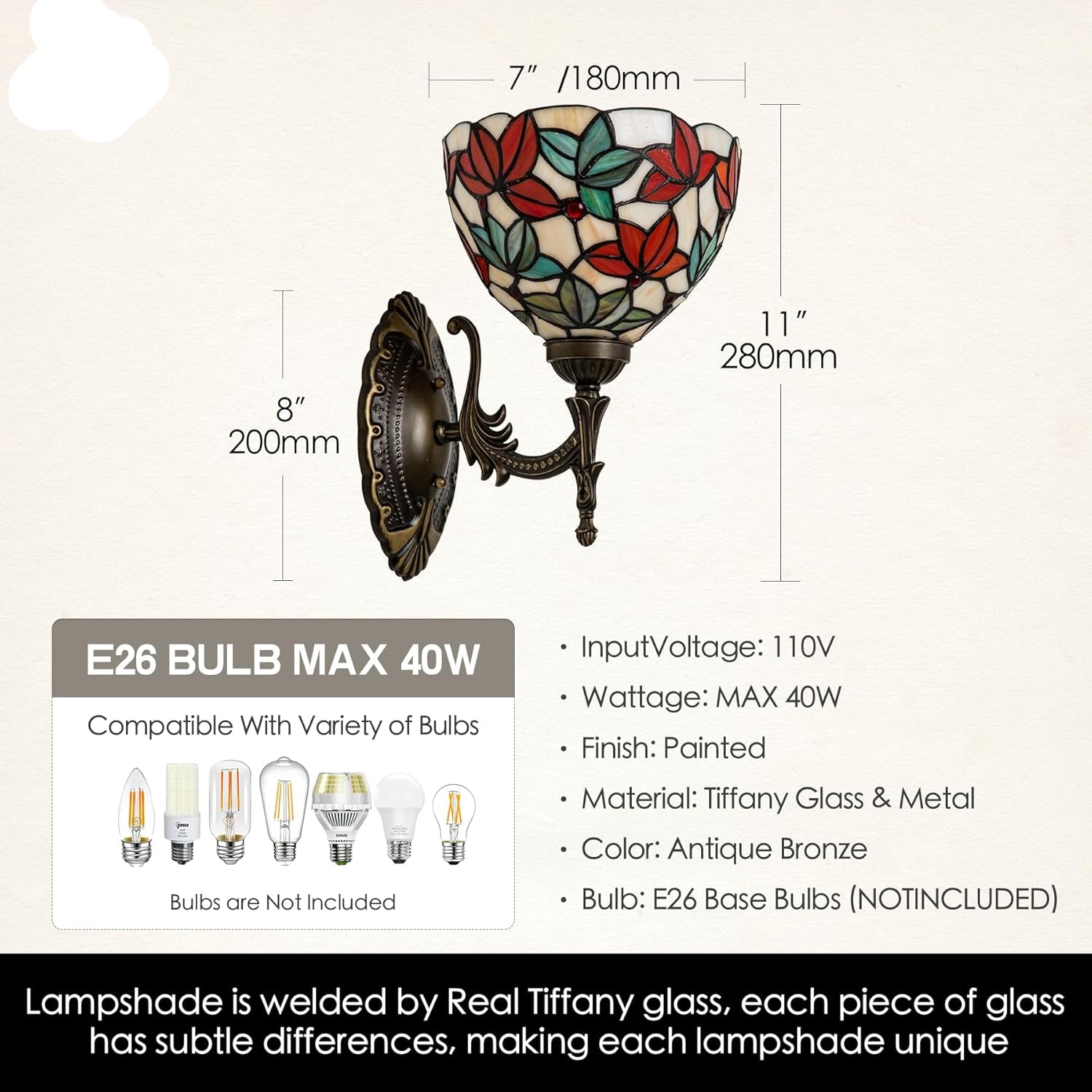 Tiffany-style wall sconce with dimensions and bulb compatibility information on a white background