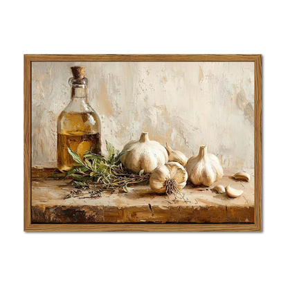 A framed still life painting featuring a glass bottle filled with amber liquid, garlic bulbs, garlic cloves, and green herbs on a rustic wooden surface against a textured cream background.