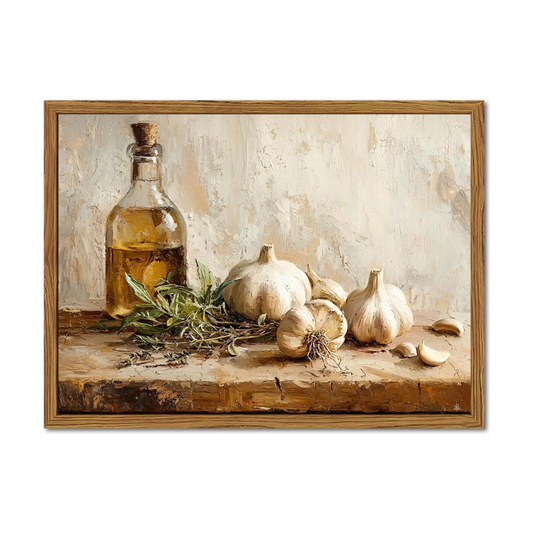 A framed still life painting featuring a glass bottle filled with amber liquid, garlic bulbs, garlic cloves, and green herbs on a rustic wooden surface against a textured cream background.
