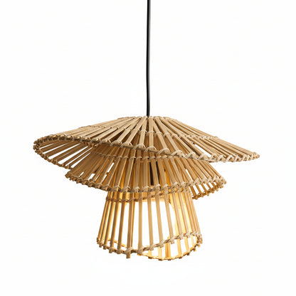 Wooden pendant lamp with a warm glow on a neutral background