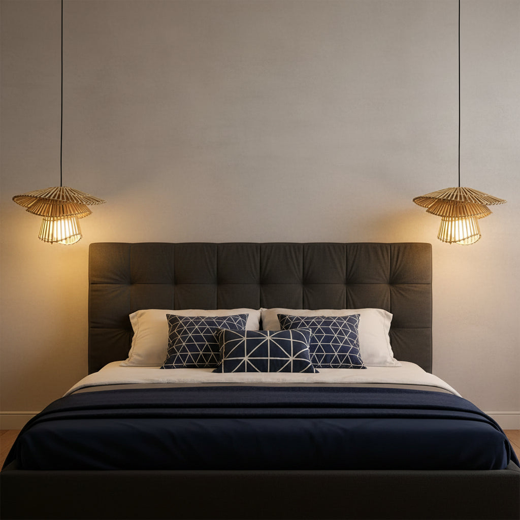 Bedroom with beige walls, a bed with white bedding, and two hanging lamps.