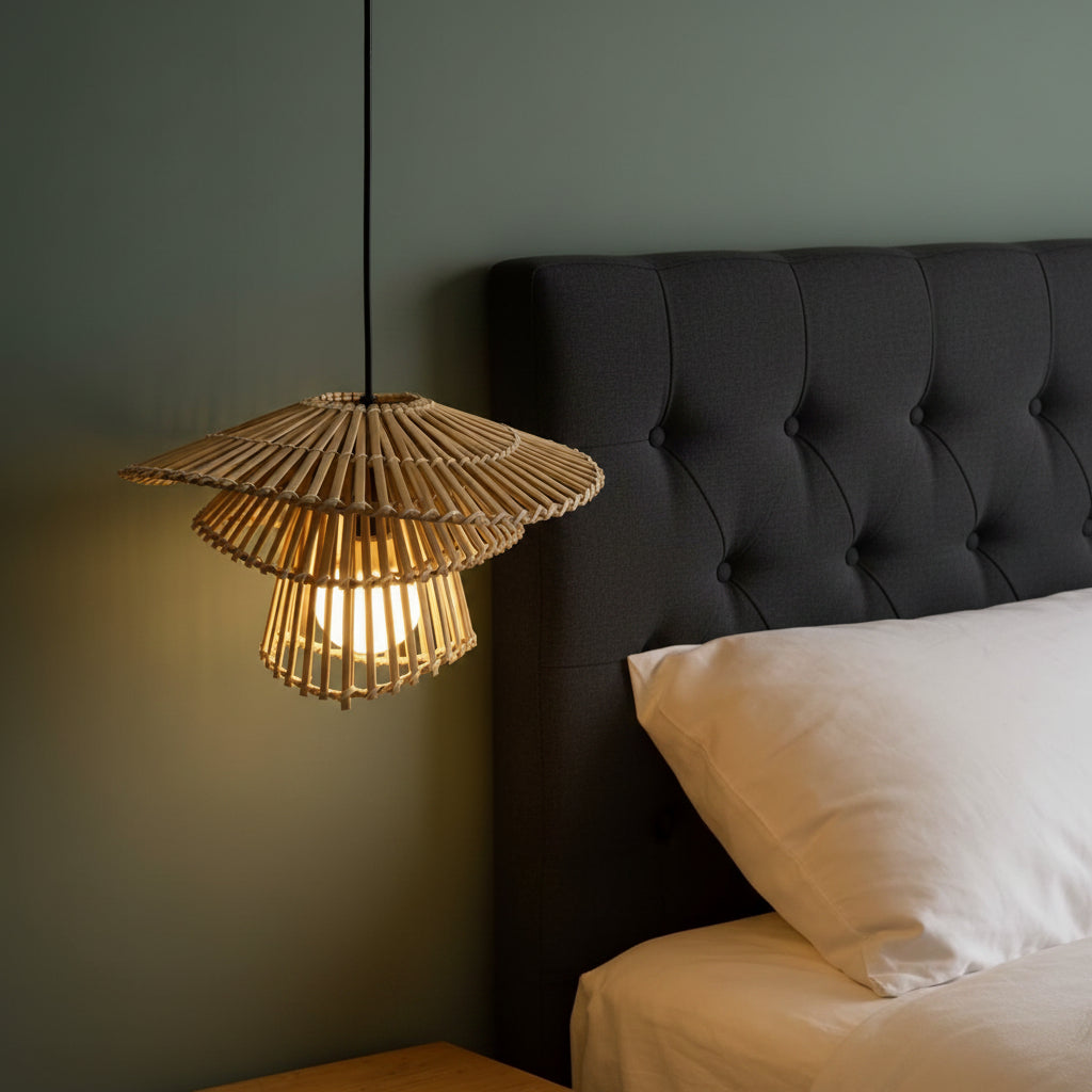 Woven pendant light hanging above a bed with wooden headboard