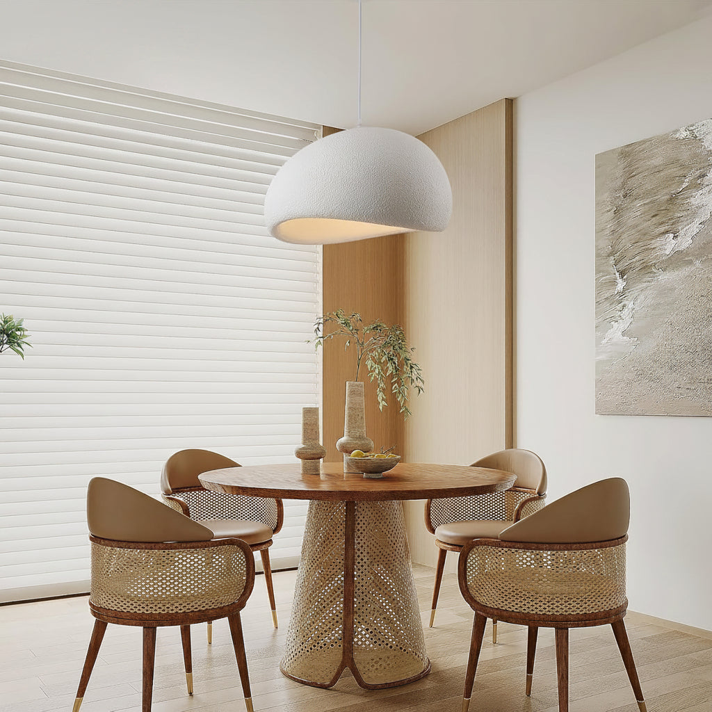 A modern dining room scene featuring a round wooden table with a woven pedestal base, surrounded by four woven-back chairs with beige upholstered seats. A large white dome pendant light hangs above, and a black Fivemengo logo overlay is visible in the top-left corner.