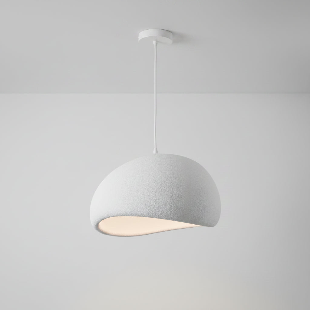 A modern white pendant light with a textured, organic dome-shaped shade suspended by a slim white cord from a matching circular ceiling canopy. A black 'Fivemengo' brand label is visible on the right side of the shade.