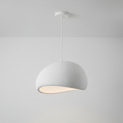 A modern white pendant light with a textured, organic dome-shaped shade suspended by a slim white cord from a matching circular ceiling canopy. A black 'Fivemengo' brand label is visible on the right side of the shade.