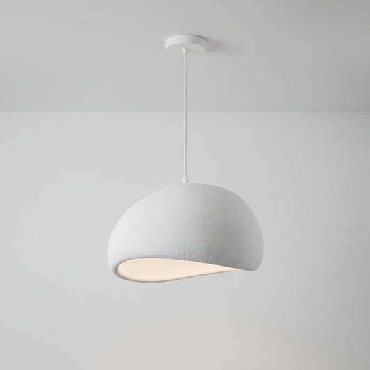 A modern white pendant light with a textured, organic dome-shaped shade suspended by a slim white cord from a matching circular ceiling canopy. A black 'Fivemengo' brand label is visible on the right side of the shade.