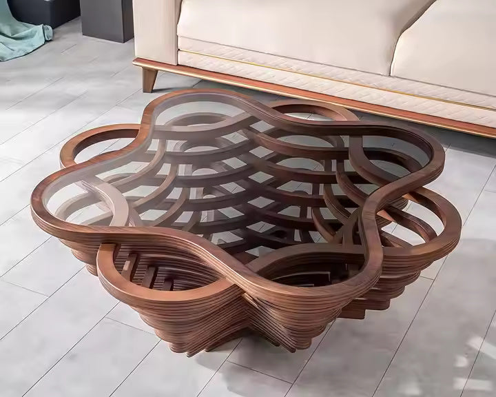 Walnut veneer coffee table with tempered glass top and wooden base in modern living room setting