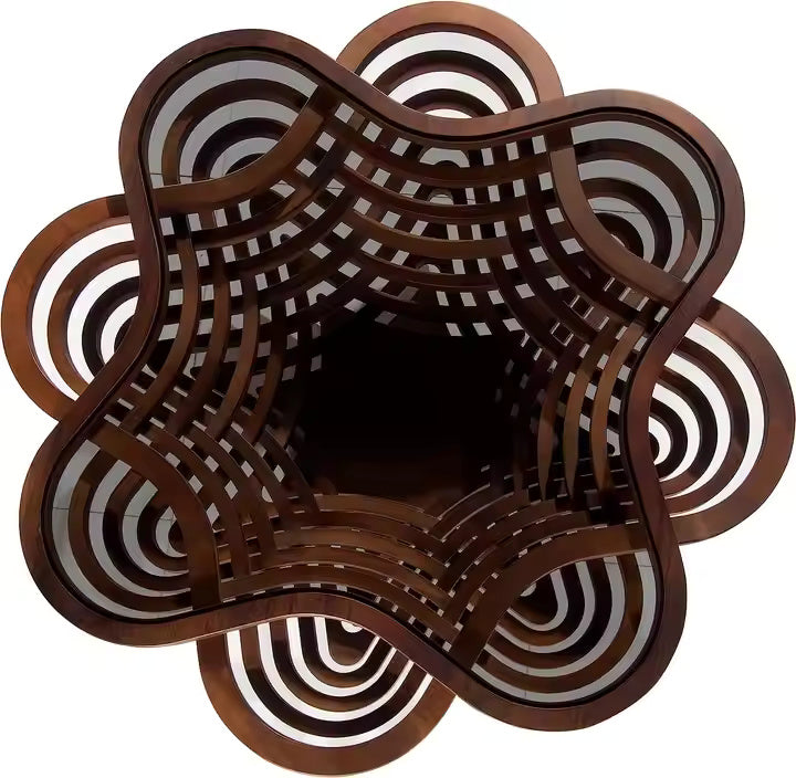 Close-up of glass tabletop showcasing rich walnut wood grain beneath