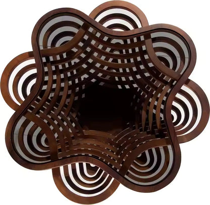 Close-up of glass tabletop showcasing rich walnut wood grain beneath