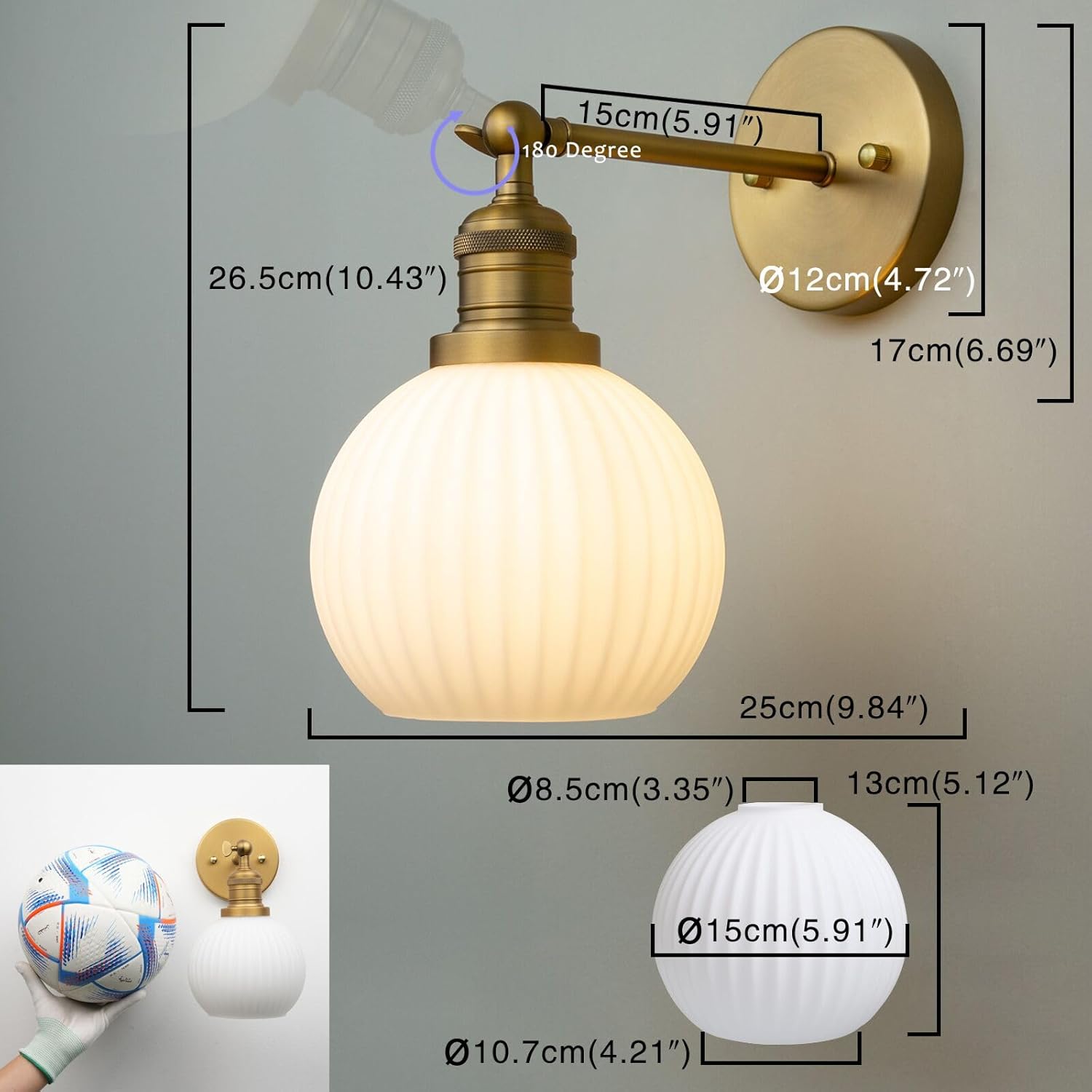 Wall-mounted light fixture with measurements on a gray background