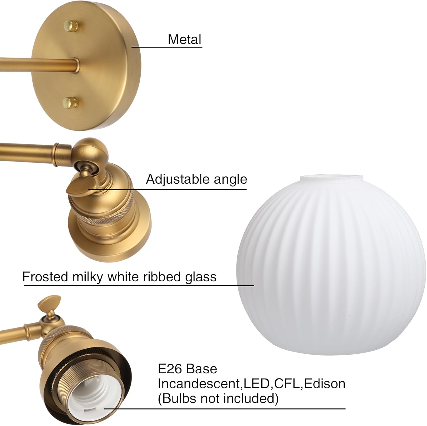 Gold wall sconce with labeled features on a white background