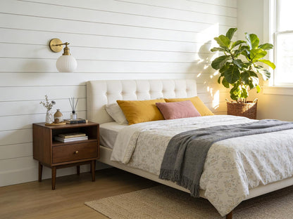Cozy bedroom with a bed, nightstand, and decorative elements.