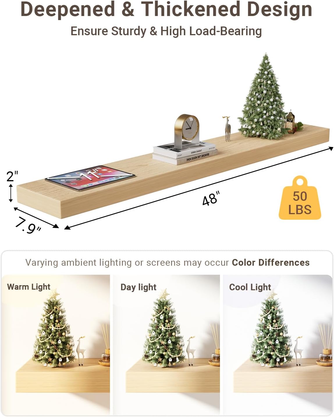 Wooden shelf with measurements and load-bearing capacity, Christmas tree display, and light color swatches.