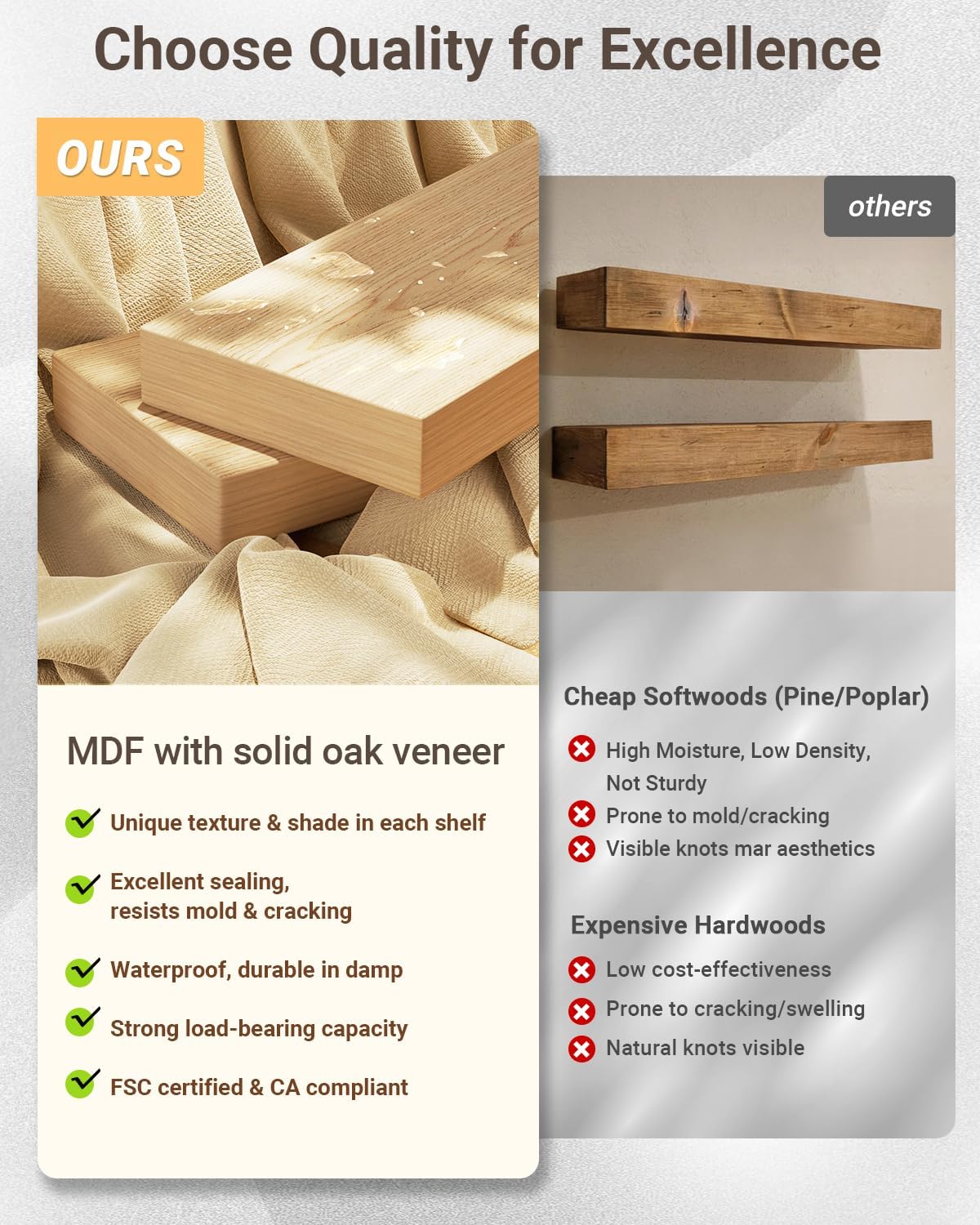 Comparison of MDF with solid oak veneer shelves versus cheaper alternatives on a light gray background.