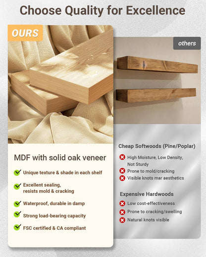 Comparison of MDF with solid oak veneer shelves versus cheaper alternatives on a light gray background.