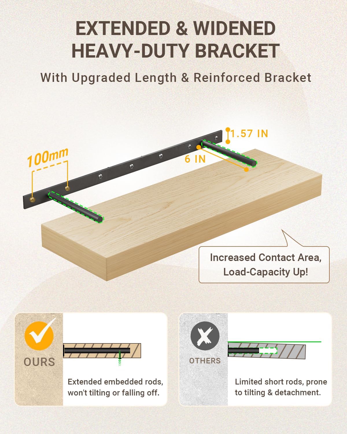Heavy-duty bracket with extended and widened design, showing increased contact area and load capacity.