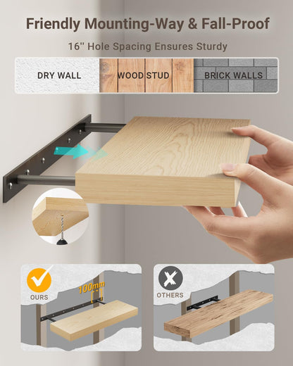 Wooden shelf with bracket on a neutral background, demonstrating stability on different wall types.