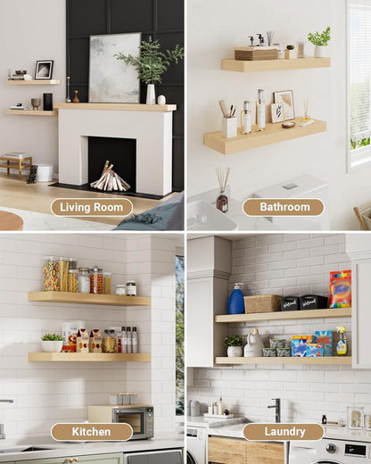 Collage of wooden shelves in different rooms labeled as Living Room, Bathroom, Kitchen, and Laundry.